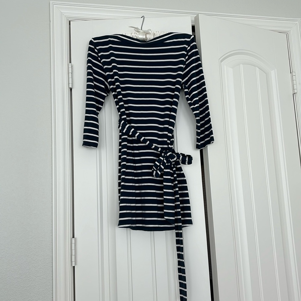 Kimi + Kai Whitney Navy & Ivory Striped Belted Maternity Boat Neck Top